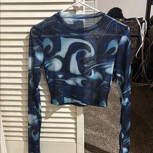 Blue Swirl Mesh Long Sleeve Top